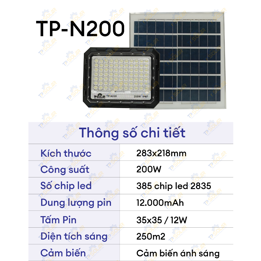 Đèn Pha Chống Chói Năng Lượng Mặt Trời TP Solar TP-N200 Công Suất 200W Cảm Biến Ánh Sáng,Chống Nước IP67, Bảo Hành 3 Năm