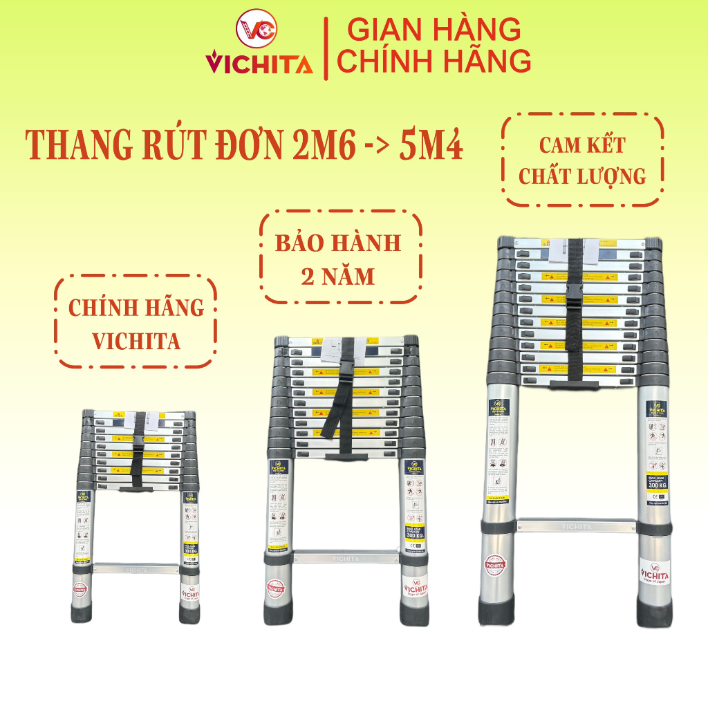 Thang Nhôm Rút Đơn 2.6, 3.2, 3.8, 4.1, 4.4, 5.0, 5.4M VICHITA [Tặng Thêm 2 Chốt Thang]