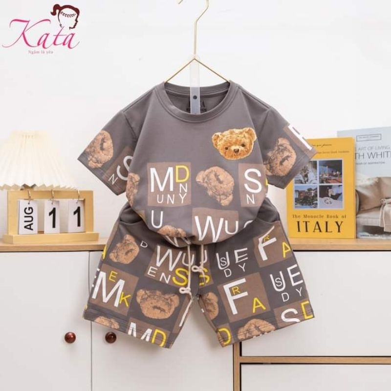 Bộ thun gấu in tràn bé trai Kata size 12-32kg