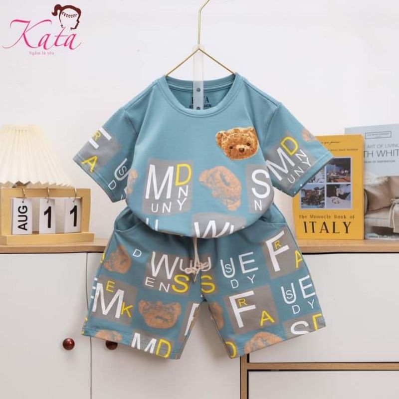 Bộ thun gấu in tràn bé trai Kata size 12-32kg