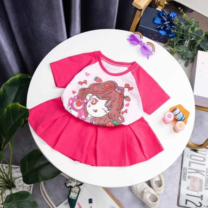 Sét áo phối chân váy thun cotton 4 chiều bé gái size 27-35kg