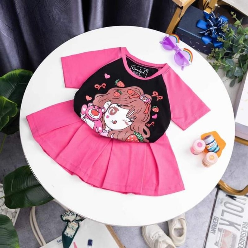 Sét áo phối chân váy thun cotton 4 chiều bé gái size 27-35kg