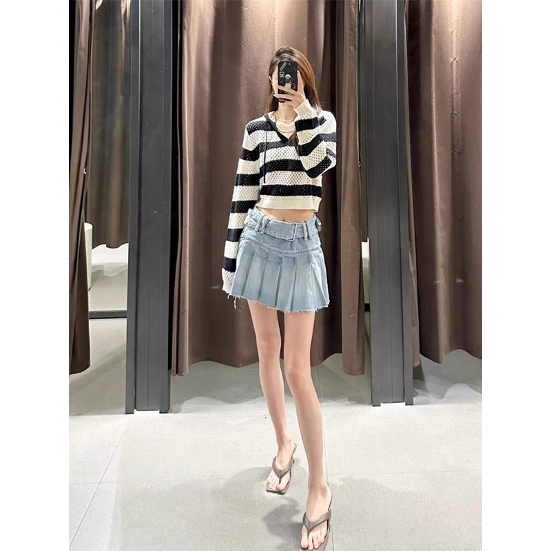 Áo hoodie lưới zara dáng croptop có mũ đục lỗ hoạ tiết sọc kẻ ngang xuất dư