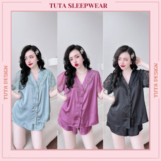 Đồ bộ lụa lụa mặc nhà quần đùi tay cộc TUTA bộ ngủ tiểu thư dễ thương chất satin cao cấp mềm mượt thoáng mát - dn036