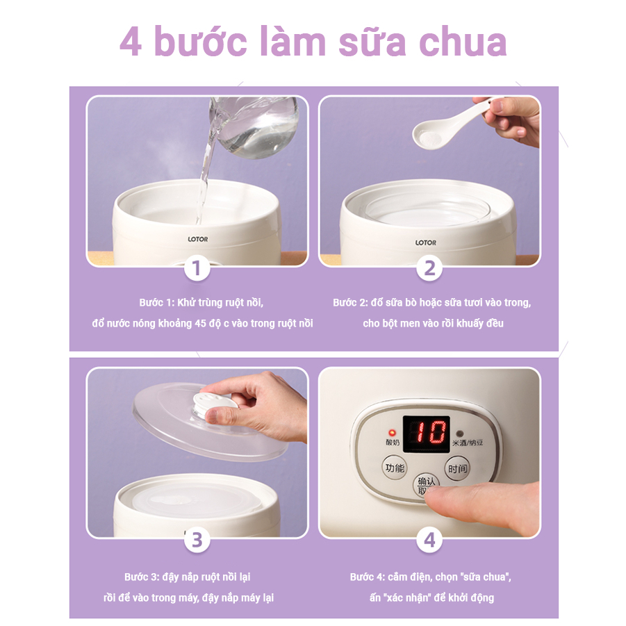 Máy Làm Sữa Chua Lotor TW-303A Kèm 1 Hũ Thuỷ Tinh 1L 3 Hũ Thuỷ Tinh 100ml Hàng Chính Hãng Bảo Hành 12 Tháng