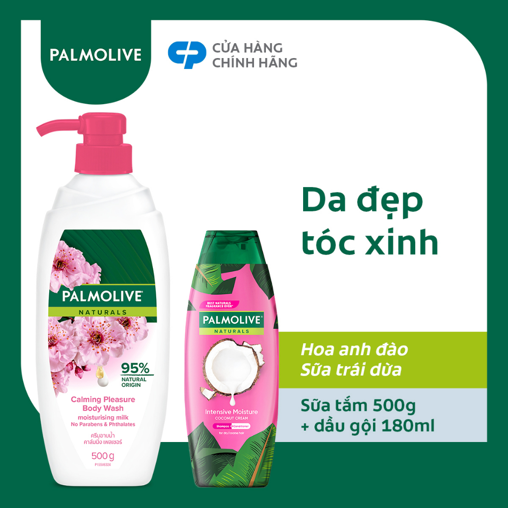 Sữa tắm Palmolive 100% chiết xuất từ hoa anh đào 500g và Dầu gội Palmolive có dầu xả sữa dừa 180ml