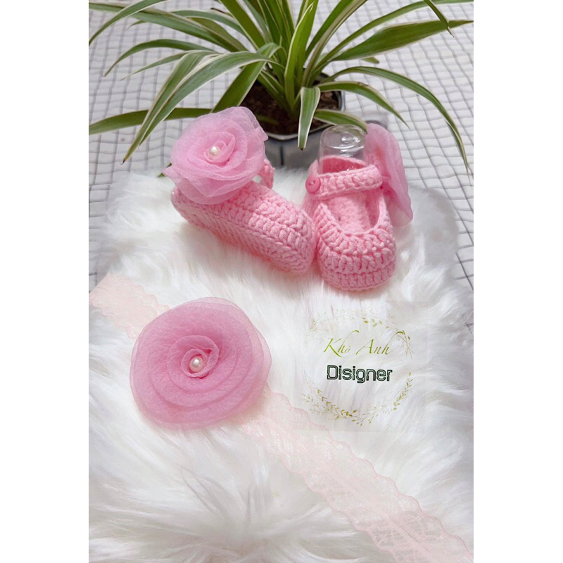 Sét giày len kèm nơ- giày sơ sinh- giày len handmade  cho bé tập đi, chụp hình