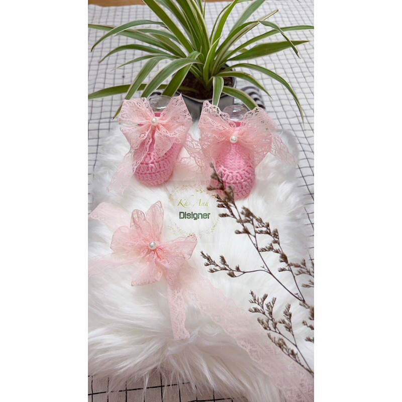 Sét giày len kèm nơ- giày sơ sinh- giày len handmade  cho bé tập đi, chụp hình