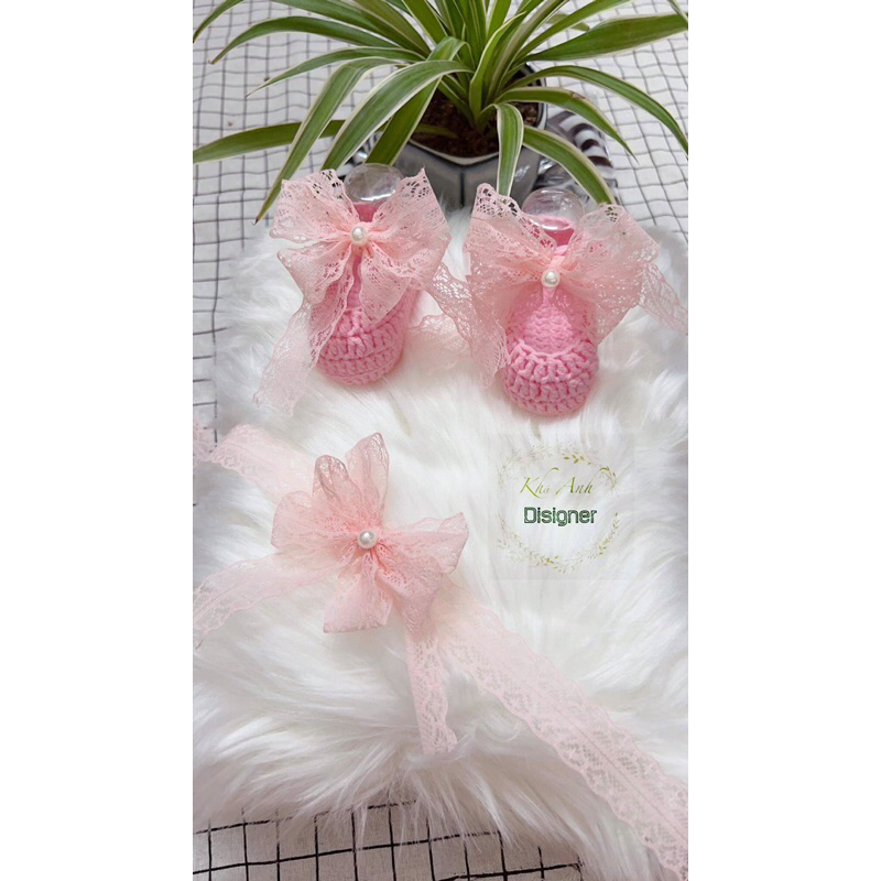 Sét giày len kèm nơ- giày sơ sinh- giày len handmade  cho bé tập đi, chụp hình