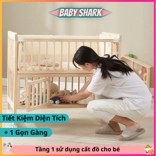 Cũi cho bé , Nôi cũi gỗ 2 tầng cho bé chất liệu gỗ thông size 105*60*85cm