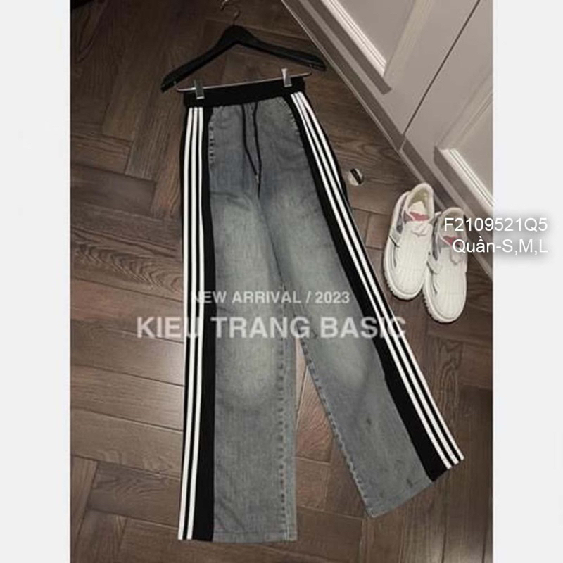 Quần jean dài lưng thun ống suông phối viền sọc cá tính VIENS STORE