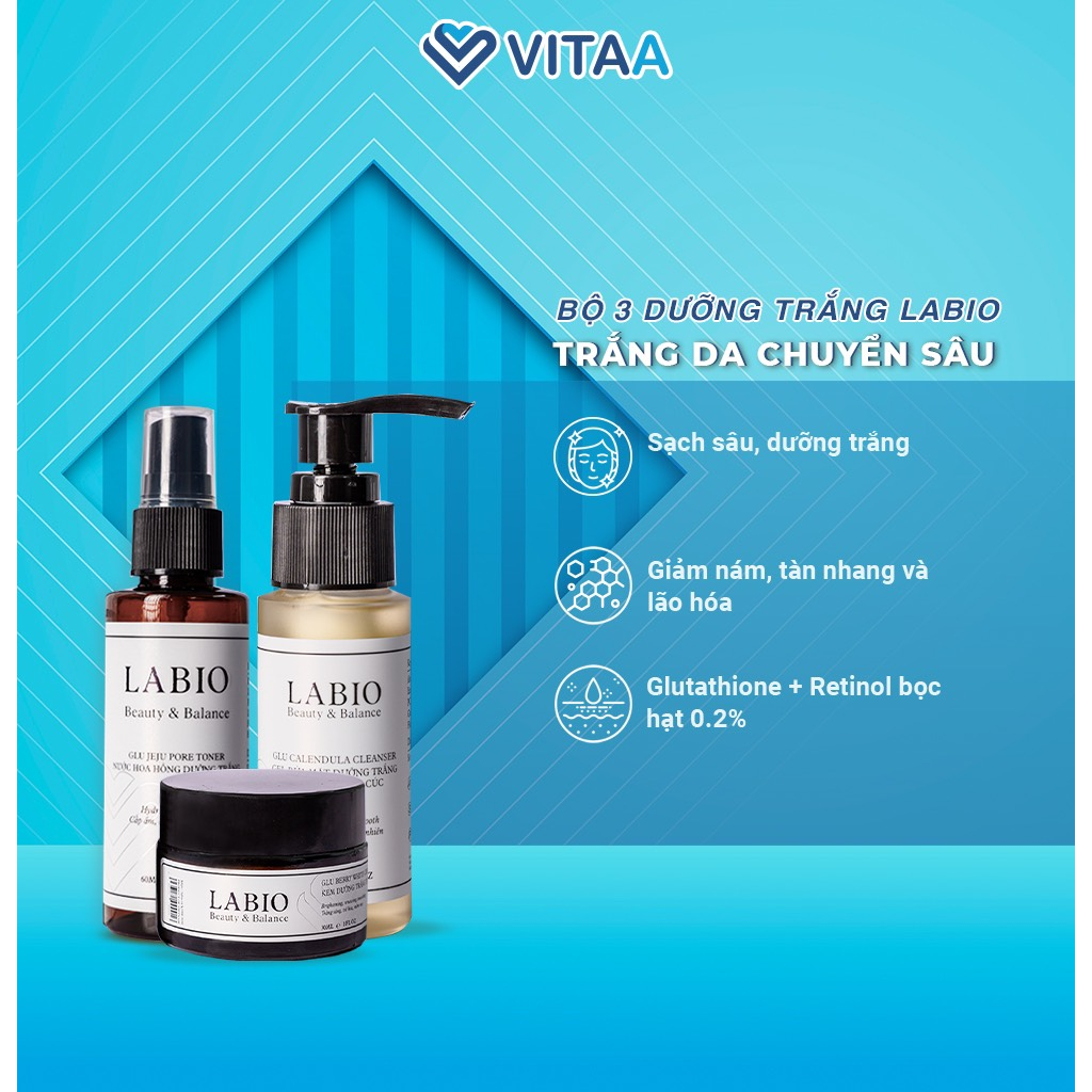 Combo Sữa Rửa Mặt, Toner & Kem Dưỡng Trắng Sáng, Cung Cấp Ẩm, Mờ Thâm Nám, Se Khít Lỗ Chân Lông LABIO Glutathione