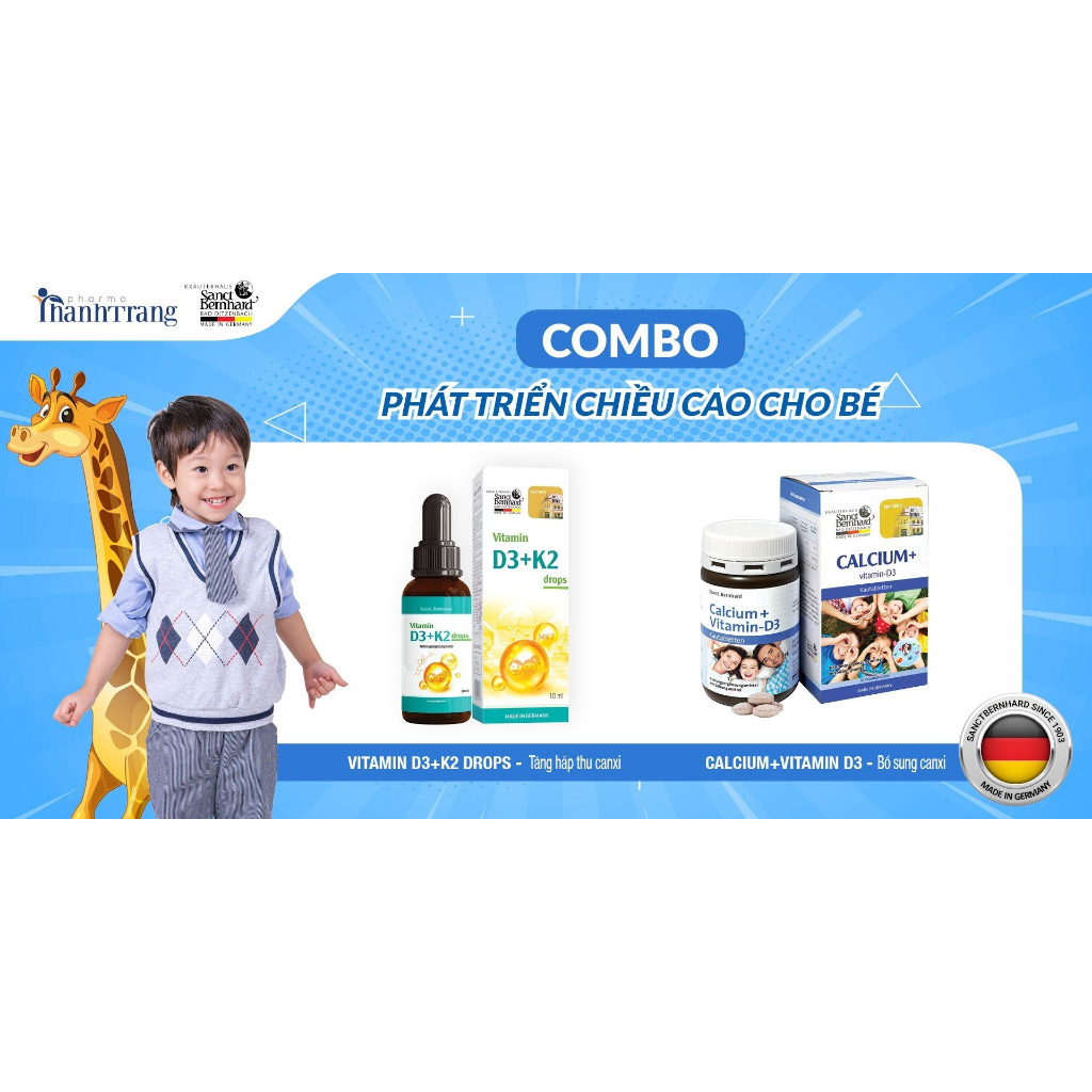 ( Giảm 5% ) Combo "Phát Triển Chiều Cao Cho Bé" - Vitamin D3+K2 và Canxi kẹo - Bổ sung canxi giúp bé cao lớn mỗi ngày