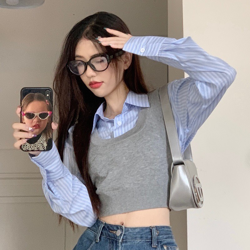 Set áo len gile + sơ mi Glandie kiểu dáng năng động, trẻ trung