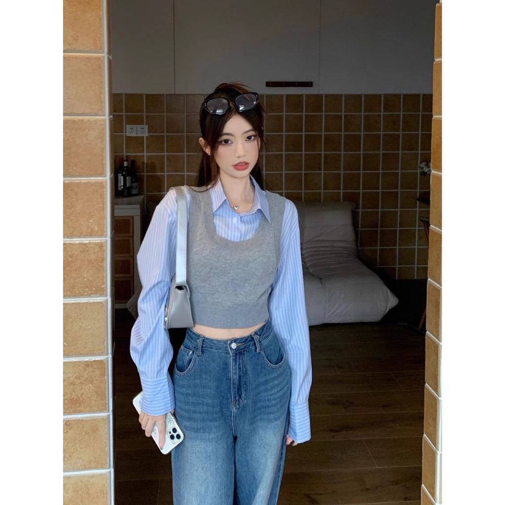 Set áo len gile + sơ mi Glandie kiểu dáng năng động, trẻ trung