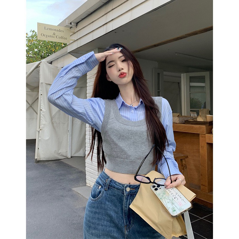 Set áo len gile + sơ mi Glandie kiểu dáng năng động, trẻ trung