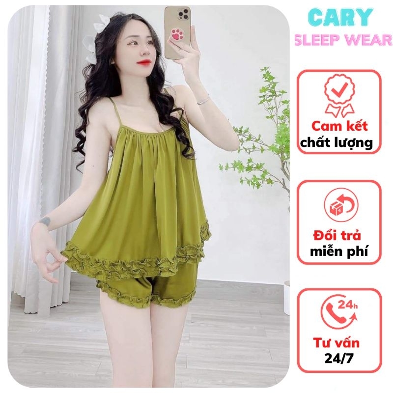 Đồ ngủ 2 dây sexy lai bèo mặc nhà,áo ngủ yếm vải thun gân mềm mịn thoáng mát CARY