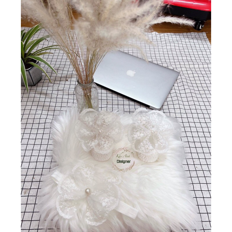 Sét giày len kèm nơ- giày sơ sinh- giày len handmade  cho bé tập đi, chụp hình