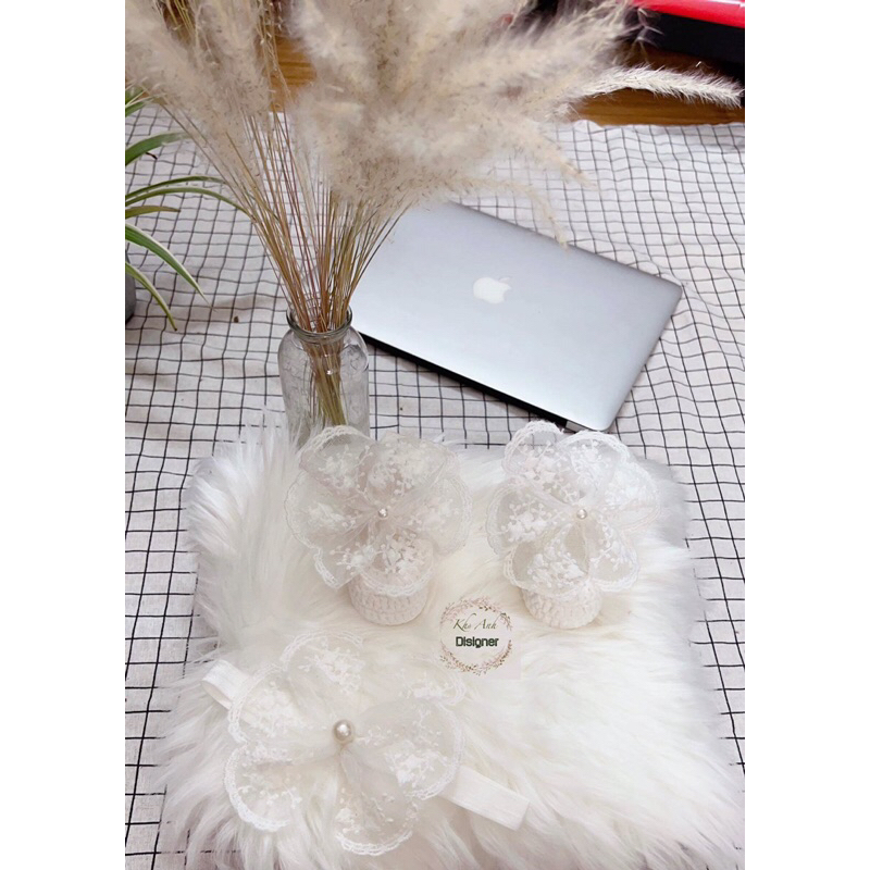 Sét giày len kèm nơ- giày sơ sinh- giày len handmade  cho bé tập đi, chụp hình