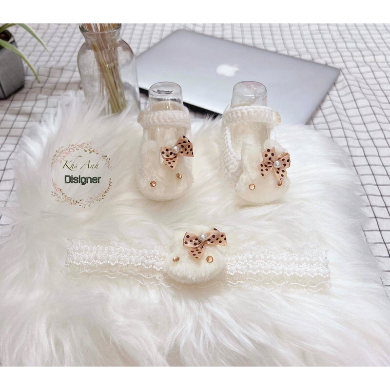 Sét giày len kèm nơ- giày sơ sinh- giày len handmade  cho bé tập đi, chụp hình