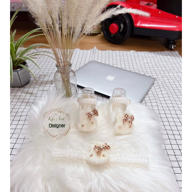 Sét giày len kèm nơ- giày sơ sinh- giày len handmade  cho bé tập đi, chụp hình