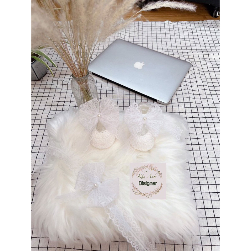 Sét giày len kèm nơ- giày sơ sinh- giày len handmade  cho bé tập đi, chụp hình