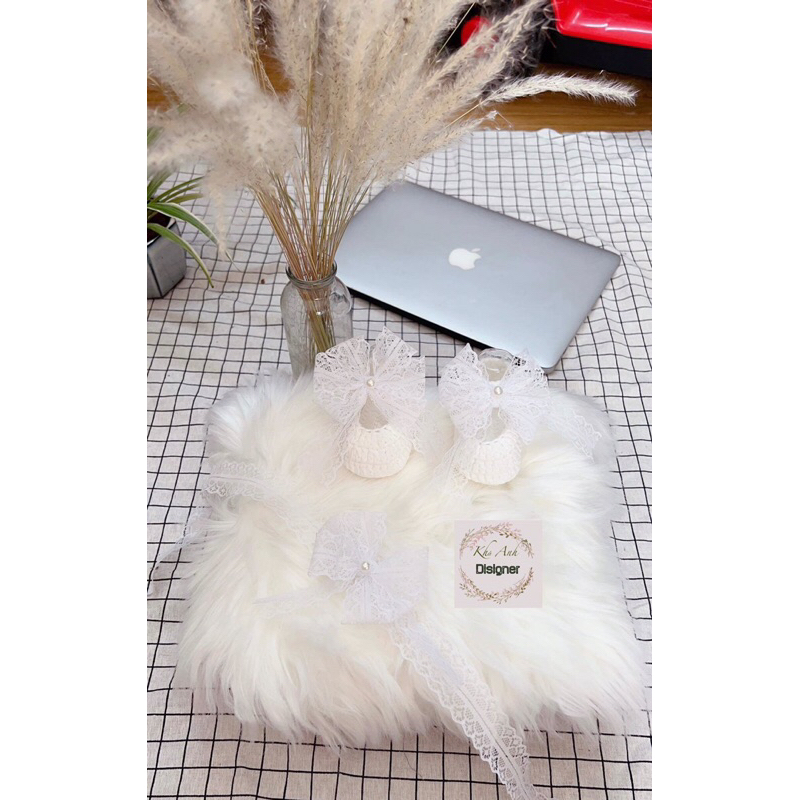 Sét giày len kèm nơ- giày sơ sinh- giày len handmade  cho bé tập đi, chụp hình