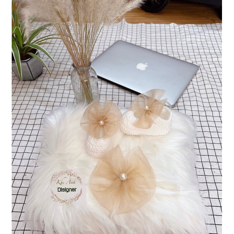 Sét giày len kèm nơ- giày sơ sinh- giày len handmade  cho bé tập đi, chụp hình