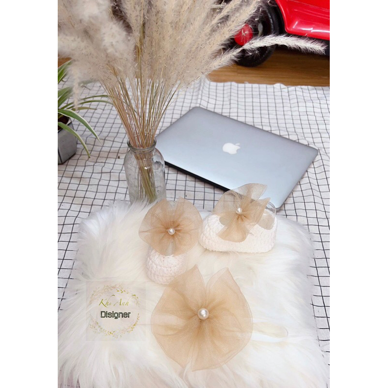 Sét giày len kèm nơ- giày sơ sinh- giày len handmade  cho bé tập đi, chụp hình