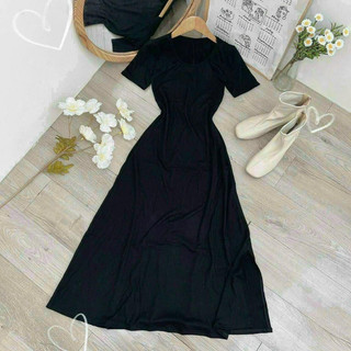 Đầm đen cổ tròn basic form dài (kèm hình thật)