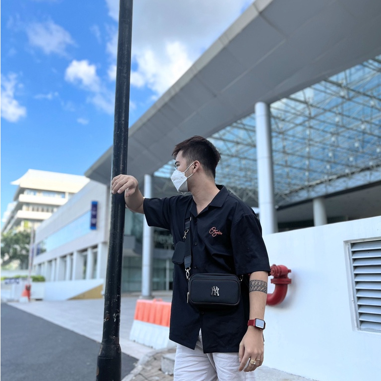 Túi đeo chéo nam nữ MLB chất liệu da PU chống thấm nước size 20cm màu đen