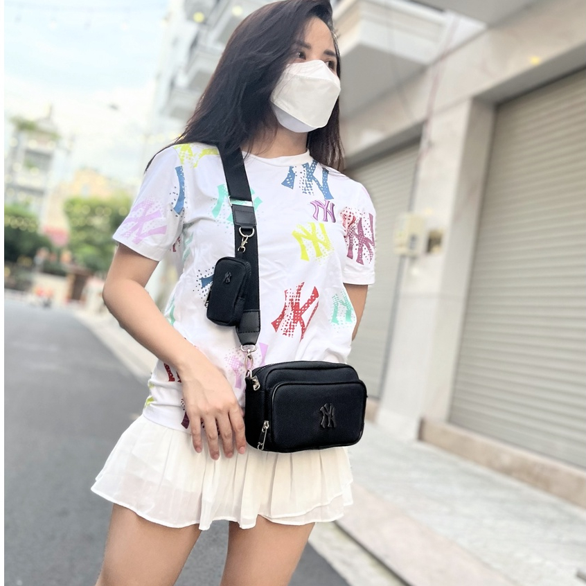 Túi đeo chéo nam nữ MLB chất liệu da PU chống thấm nước size 20cm màu đen