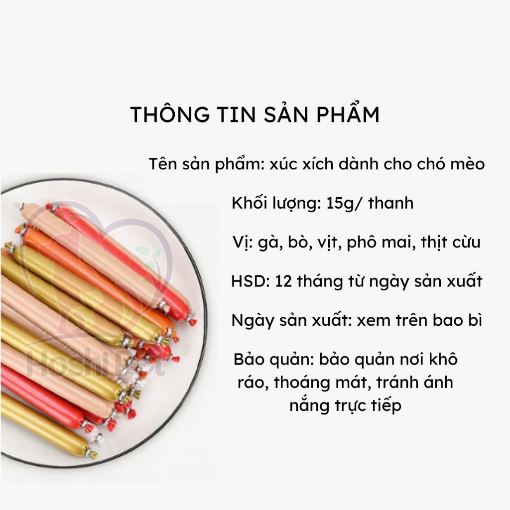 Xúc xích cho chó mèo giàu dinh dưỡng vị gà bò giá 1k Hoshi Pet, Xúc xích tươi giàu dinh dưỡng 15g