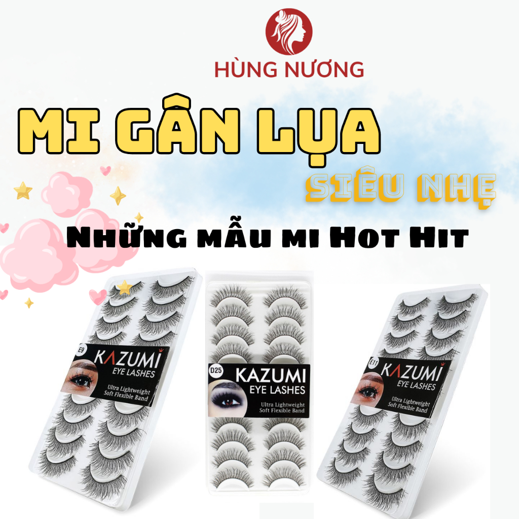 Mi giả tự nhiên Hàn Quốc Kazumi hộp 10 đôi, lông mi giả gân lụa siêu nhẹ siêu mềm công nghệ nano