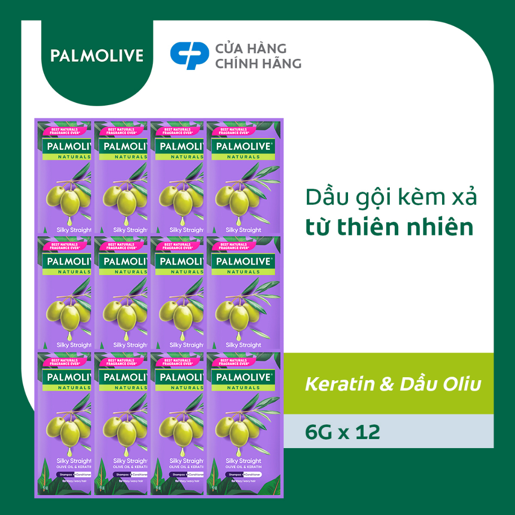 Bộ 12 gói Dầu gội Palmolive kèm dầu xả 2in1 Suôn Mượt Óng Ả từ Keratin và dầu Oliu 6g x 12