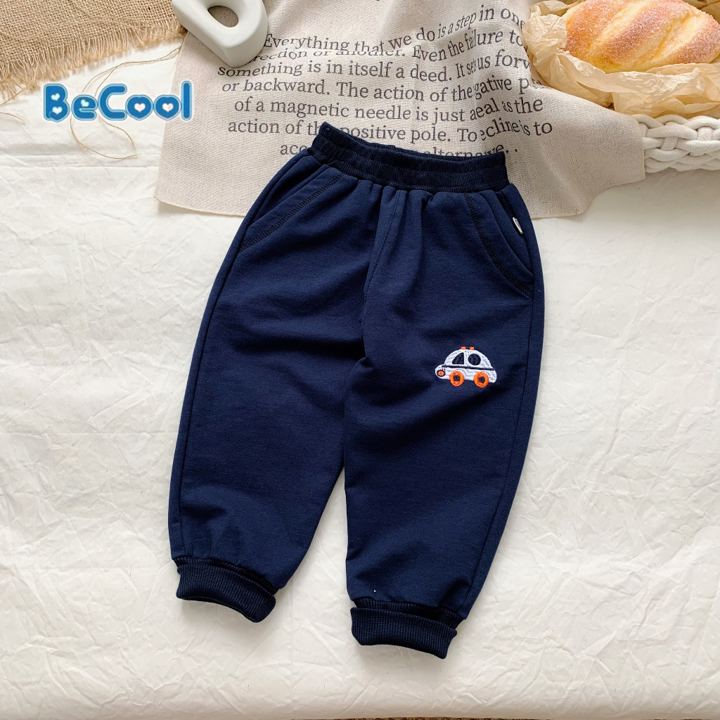 Quần Nỉ Da Cá Thêu Oto BECOOL, Quần Nỉ Thu Đông Thêu Hình Oto Cho Bé Size 10 - 27Kg