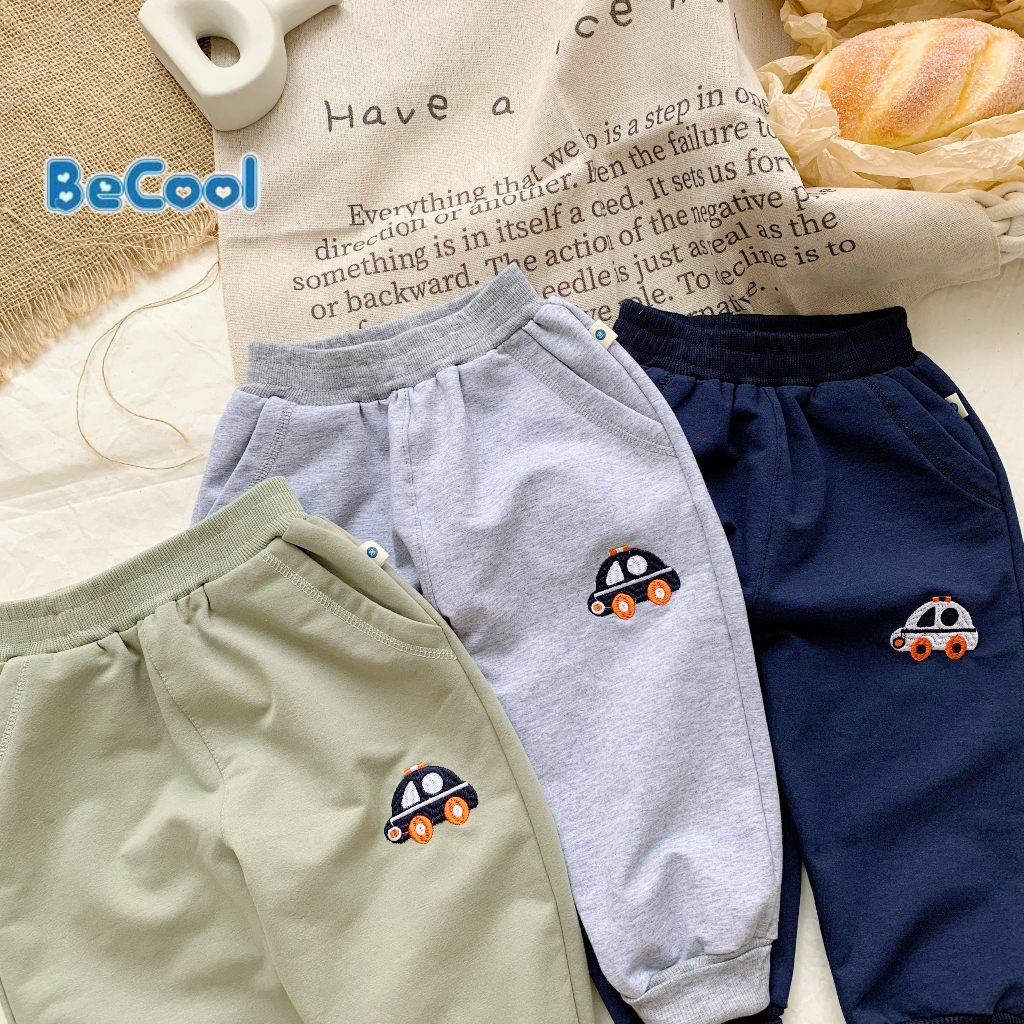 Quần Nỉ Da Cá Thêu Oto BECOOL, Quần Nỉ Thu Đông Thêu Hình Oto Cho Bé Size 10 - 27Kg
