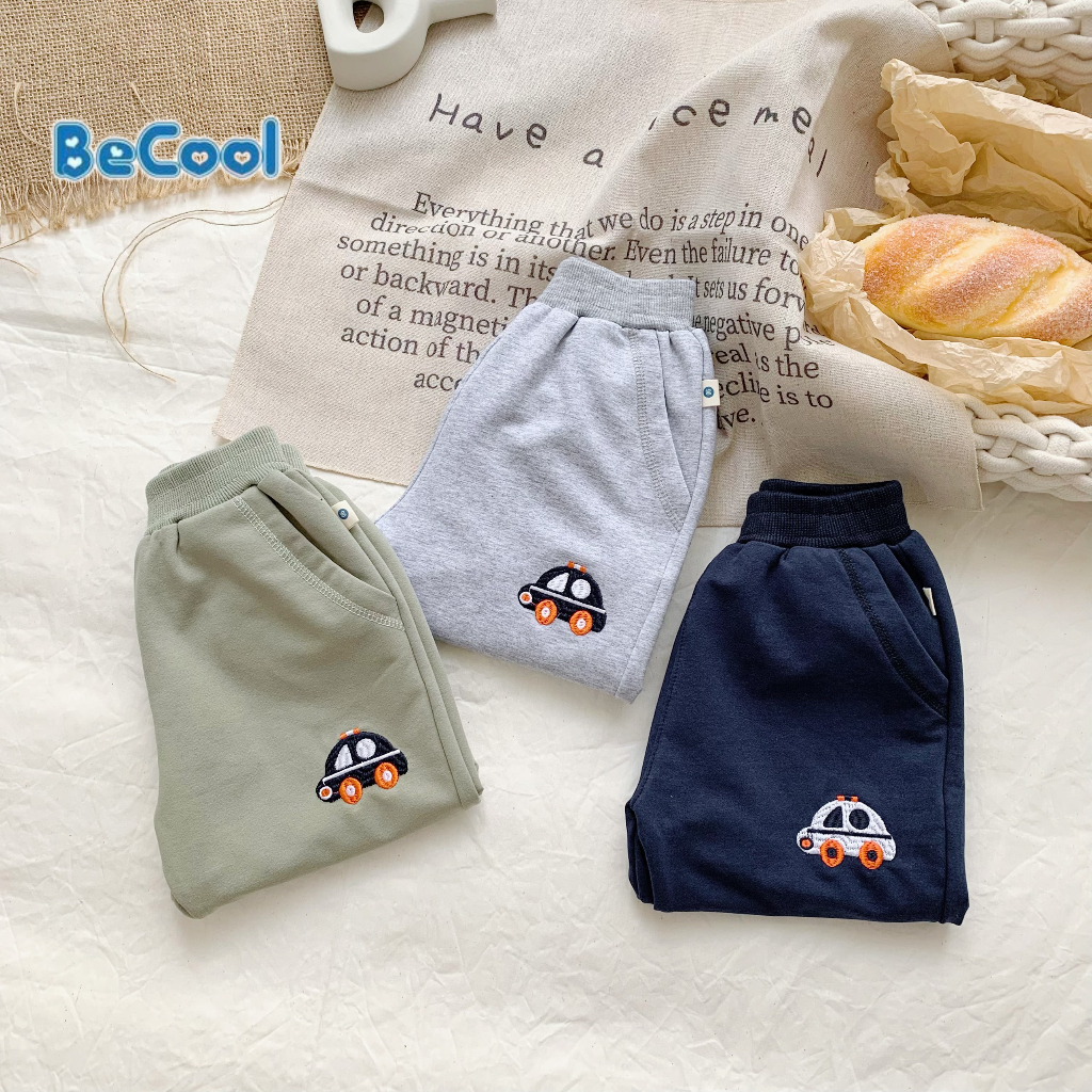Quần Nỉ Da Cá Thêu Oto BECOOL, Quần Nỉ Thu Đông Thêu Hình Oto Cho Bé Size 10 - 27Kg