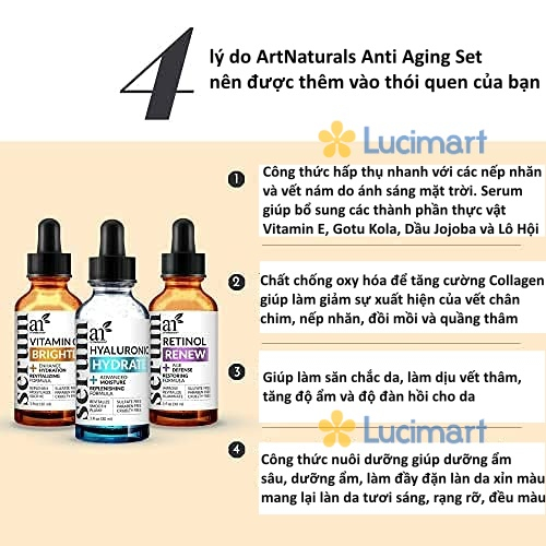 Serum dưỡng da chống lão hoá Vitamin-C, Retinol, Hyaluronic, Art Naturals Trio 3 chai 30ml