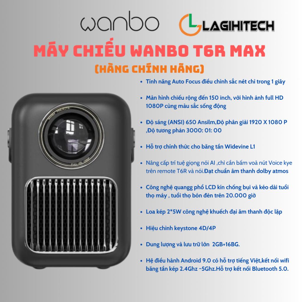 Máy Chiếu Mini Wanbo T6R Full HD 1080p, Android TV 9.0, Điều Khiển Giọng Nói - Hàng Chính Hãng - Bảo Hành 12 Tháng