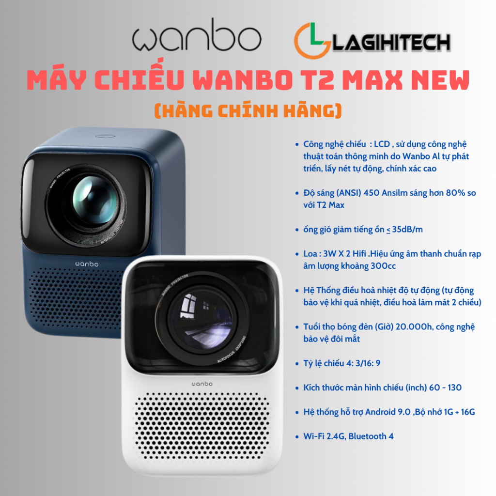 Máy Chiếu Wanbo T2 MAX Full HD 1080p New 2023 Android 9.0, 1GB+16G, Công nghệ LCD - Hàng Chính Hãng - Bảo Hành 12 Tháng