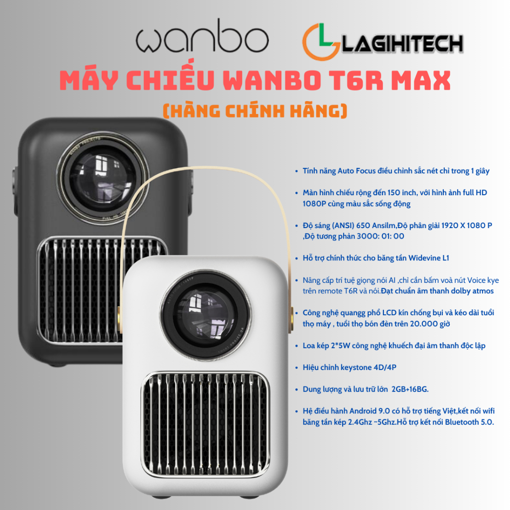 Máy Chiếu Mini Wanbo T6R Full HD 1080p, Android TV 9.0, Điều Khiển Giọng Nói - Hàng Chính Hãng - Bảo Hành 12 Tháng