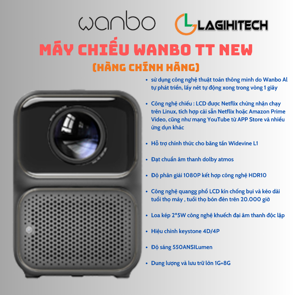 Máy chiếu Wanbo TT Model Tích hợp HĐH Linux 1G+8G Full HD 1080p, Tự Động Lấy Nét - Hàng Chính Hãng - Bảo Hành 12 Tháng