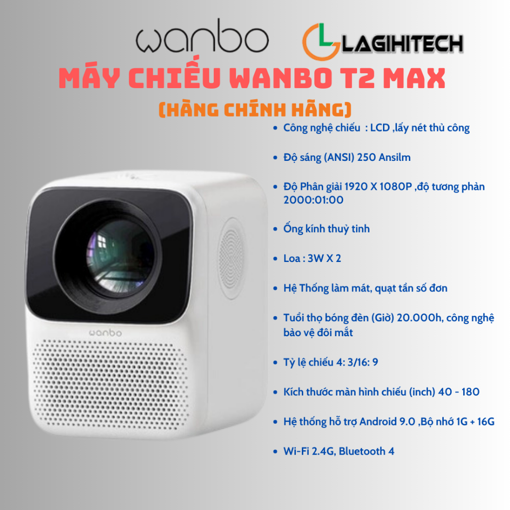 Máy Chiếu Wanbo T2 MAX độ phân giải full HD Android 9.0, 1GB+16G, Công nghệ LCD - Hàng Chính Hãng - Bảo Hành 12 Tháng