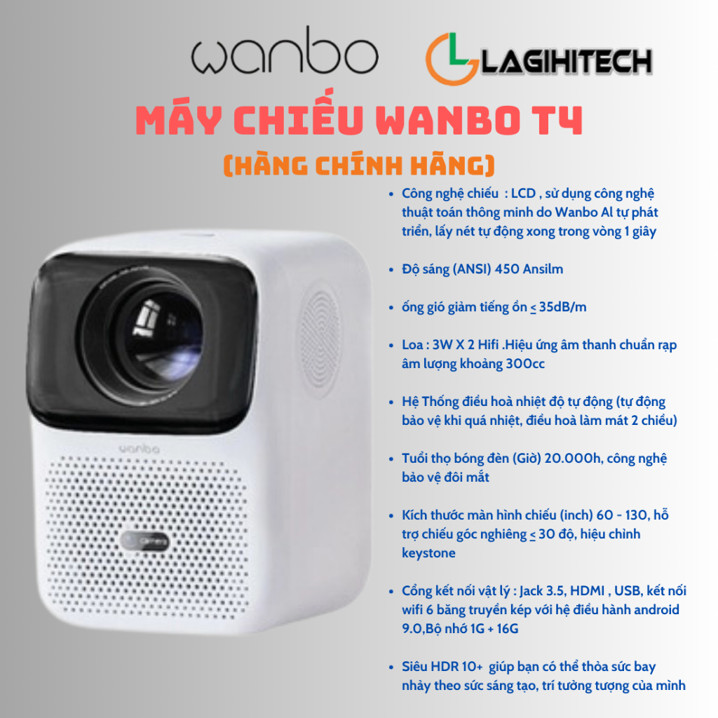 Máy Chiếu Thông Minh Wanbo T4 Full HD Android 9.0, Tích Hợp Camera,Tự Động Lấy Nét - Hàng Chính Hãng - Bảo Hành 12 Tháng