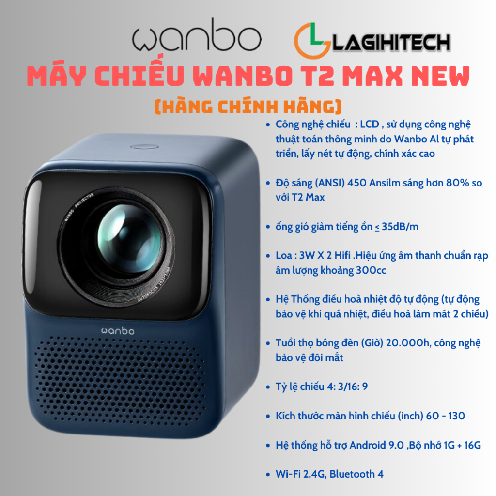 Máy Chiếu Wanbo T2 MAX Full HD 1080p New 2023 Android 9.0, 1GB+16G, Công nghệ LCD - Hàng Chính Hãng - Bảo Hành 12 Tháng