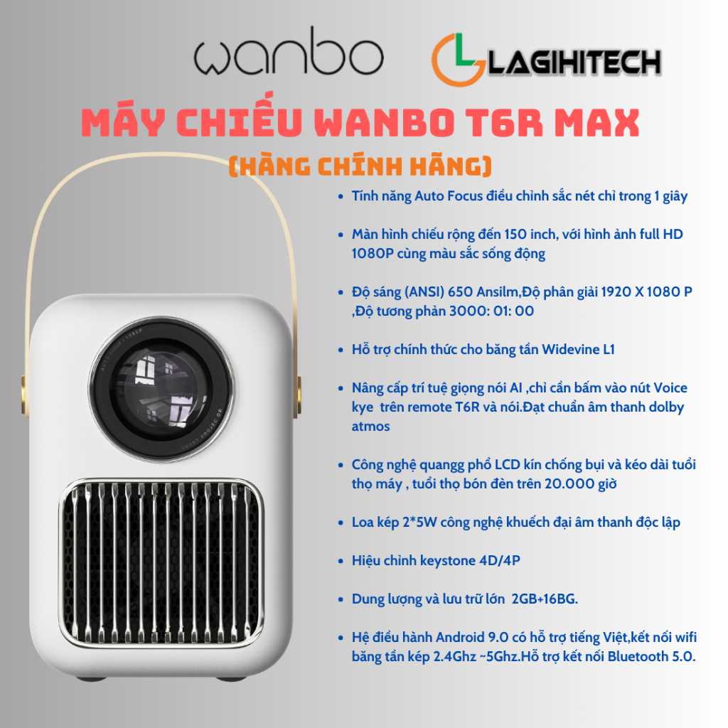 Máy Chiếu Mini Wanbo T6R Full HD 1080p, Android TV 9.0, Điều Khiển Giọng Nói - Hàng Chính Hãng - Bảo Hành 12 Tháng
