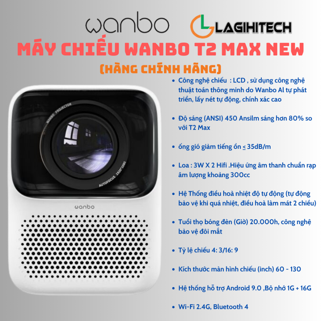 Máy Chiếu Wanbo T2 MAX Full HD 1080p New 2023 Android 9.0, 1GB+16G, Công nghệ LCD - Hàng Chính Hãng - Bảo Hành 12 Tháng