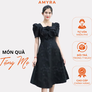 Đầm Nữ Công Sở Dự Tiệc Sang Trọng Bigsize AMYRA, Thiết Kế Dáng Xòe 2 Lớp Tay Phồng Phối Hoa In Nổi 3D Cao Cấp DA016