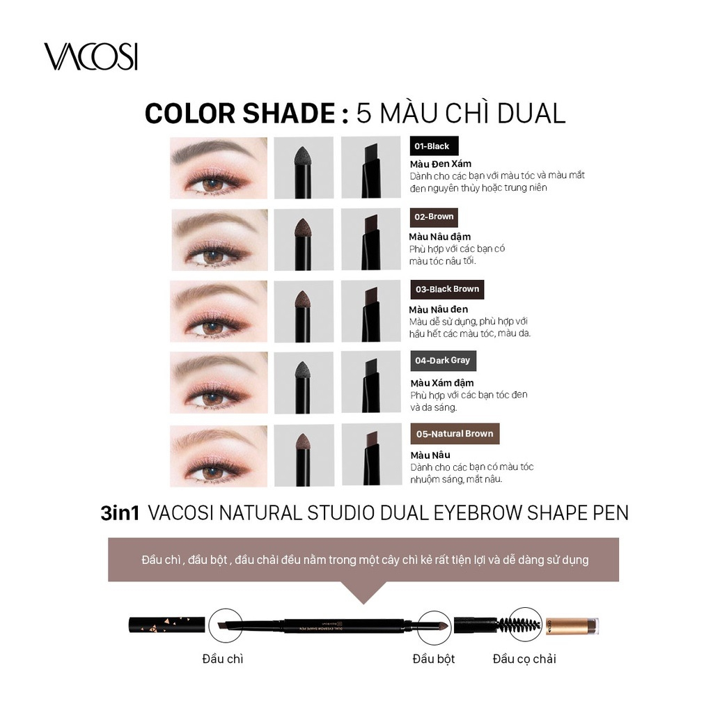 Chì Kẻ Mày Định Hình Đa Năng Vacosi Natural Studio Dual EyeBrow Shape Pen